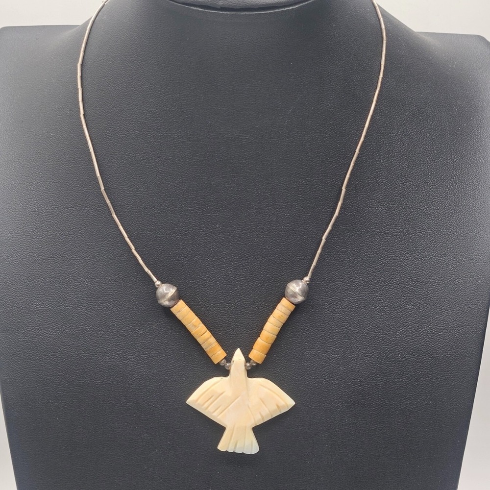 Vintage Shell Thunderbird Necklace Southwest Sterling Silver Beads 16"